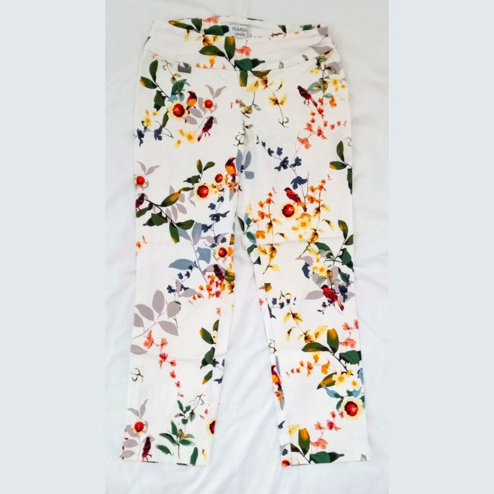 Peck & Peck Stein Mart Crop Ankle Pull On White Pants with Floral Bird Print 8P